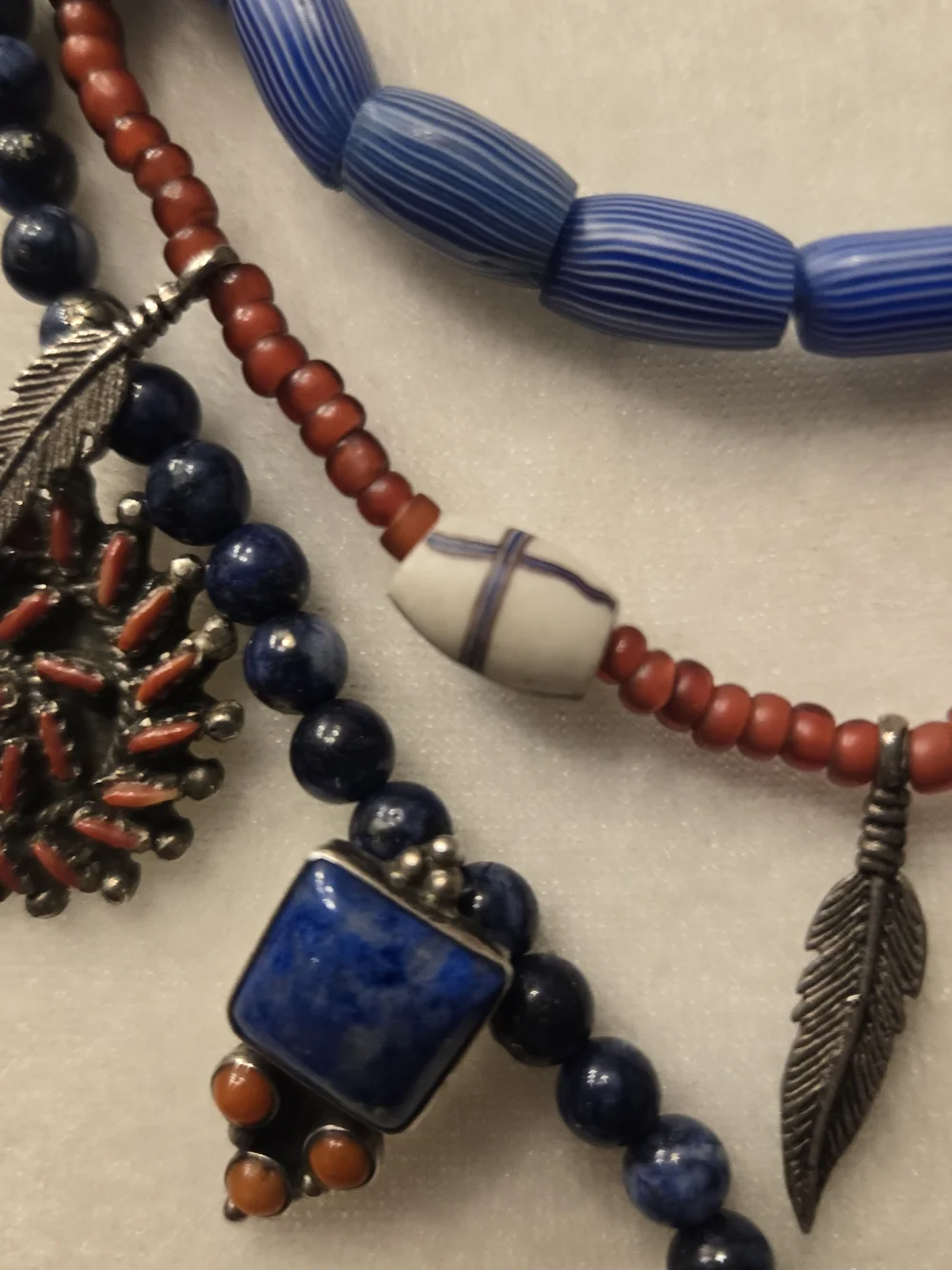 Vintage 925 Tasco Layered Blue & Coral Beaded Cross Necklace - Unbranded